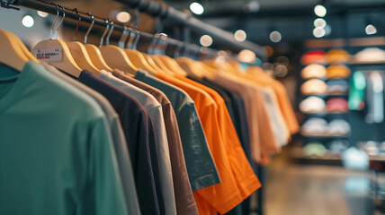 Obraz premium array of plain t-shirts in different shades hanging on a hanger, with a store interior blurred in the background