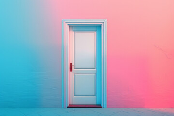 Plain white door against a gradient background transitioning smoothly from one vibrant color to another. The door's simplicity stands out against the colorful backdrop
