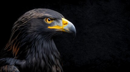 Obraz premium A close-up of a bird of prey against a solid black backdrop, featuring a distinct yellow beak