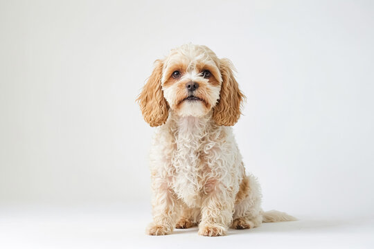 Adorable Cavapoo Puppy Sitting on White Background