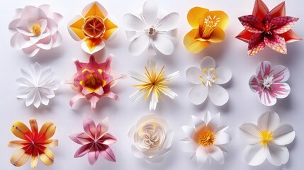 Obraz premium Assortment of bright, delicate paper cut flowers in various colors arranged neatly isolated on a white background for crafting.
