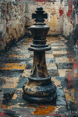 Weathered Chess Piece on Grungy Checkerboard Floor in Rustic Abandoned Setting