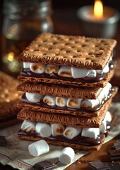 Smores - smores with melted chocolate and marshmallow between graham crackers.