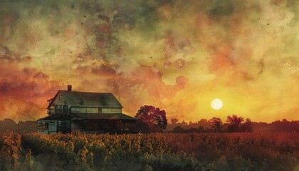 Fototapeta premium Vineyard farmhouse, close up, focus on, copy space, vibrant displays, Double exposure silhouette with rustic charm