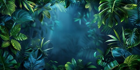 Trendy Background Design. Tropical Plants with Green and Blue, Hexagon shaped Neon Frame.