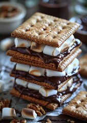 Smores - smores with melted chocolate and marshmallow between graham crackers.