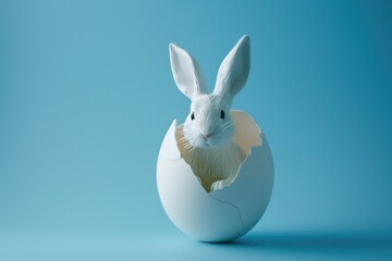 Obraz premium Easter rabbit, cute white bunny coming out of an opened egg on empty blue background with copy space, funny decoration for seasonal holiday