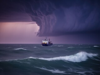 Naklejka premium Ship Facing Thunderstorm on Rough Sea