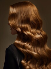 Fototapeta premium A close-up of the side view of a female hair model with long shiny brown wavy hair. Hair model, hair product advertisement, hair dye package, studio background.
