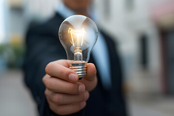 Light bulb in the hand of a businessman creative concept Focus on hand, closeup, blurry man