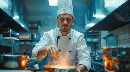 Professional Chef in White Uniform Cooking in a Modern Restaurant Kitchen. Perfect for culinary blogs, food magazines, and cooking school promotions.