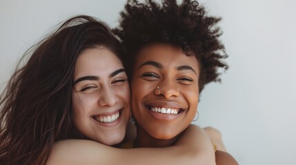 Close-up of two diverse friends sharing an embrace and radiating joy with big smiles