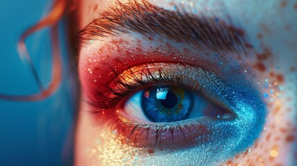  Close-Up of Eye with Artistic Makeup in Vibrant Colors and Glitter Reflecting Abstract Creativity