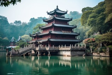 Serene Ancient Chinese Temple by the Lake