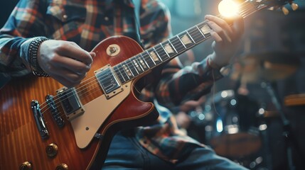 Fototapeta premium Close-Up of Musician Playing Electric Guitar in Cozy Room with Warm Lighting. Perfect for music-related projects, concerts, performances, and artistic promotions