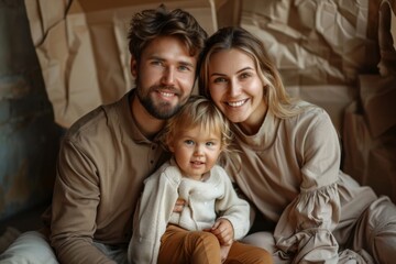 Fototapeta premium Couple resting on bed with infant