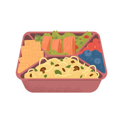 Lunch box or bento box with food vector illustration isolated on white. Pasta with mushrooms, berries, cookies, salmon and salad in food container.