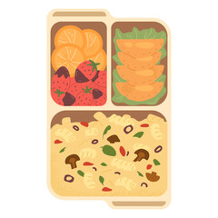 Lunch box or bento box with food vector illustration isolated on white. Pasta with mushrooms, strawberries in chocolate, orange slices and pies in food container.