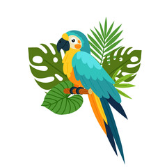 Blue parrot on a background of tropical plants in a flat style. Composition of tropical plants and tropical birds. Monstera leaves, palm branch.