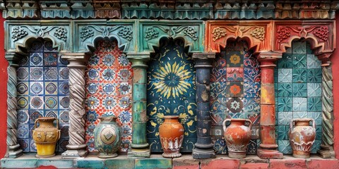 Fototapeta premium Vibrant Moroccan Tile Wall with Colorful Ceramics and Ornate Arches