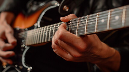 Obraz premium A close-up of a hand fingering guitar chords to play the guitar.
