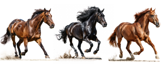 Set of Powerful Horse Stallion Running with Flowing Mane, Isolated on Transparent Background