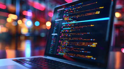 A close-up on a laptop screen displaying code with cloud service APIs and a blurred background of a modern data center, DevOps, Cloud Technologies, dynamic and dramatic compositions, with copy space