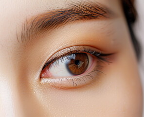 Obraz premium A close-up of one eye of a Korean female model wearing eye makeup with a dark eye line. Beauty, makeup and cosmetics advertising background.