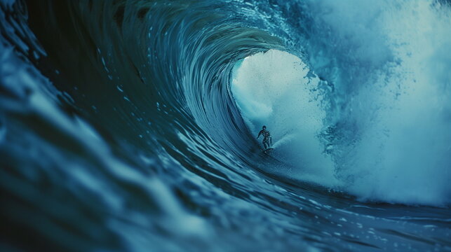A small surfer visible in huge waves on the blue sea. Silhouette of a surfer seemingly trapped in a huge wave.