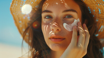 Close-up of a woman wearing a straw hat and applying sunscreen on her face at a sunny beach.