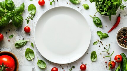 Empty white plate with fresh herbs around