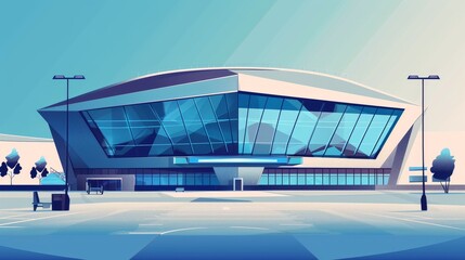 Modern hightech sports flat design side view digital arena cartoon drawing tetradic color scheme