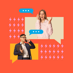 Poster. Contemporary art collage. Young man and woman, freelancers in colorful speech bubbles...
