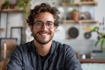 Fototapeta premium Man glasses beard sitting counter