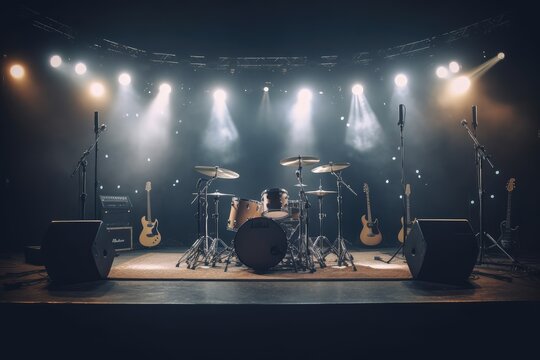 Empty Concert Stage with Instruments Under Spotlights