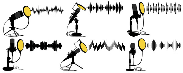 set microphone podcasting with soundwaves icon. recording microphone design vector illustration