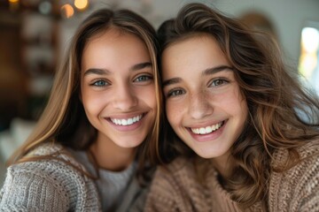 Two women smiling posing photos