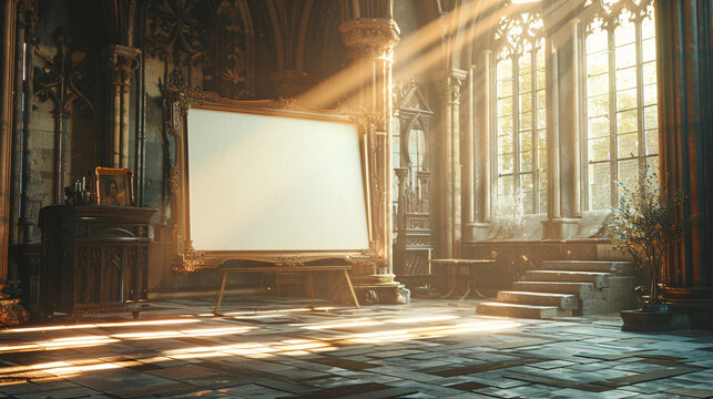 Gothic styled room with a bright white banner stand, vintage decor, and sunlit ambiance