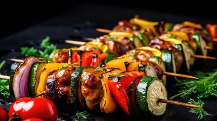 Colorful Grilled Vegetable Skewers on Dark Background