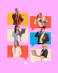 Poster. Contemporary art collage. Workers in colorful speech bubbles communicate online from different devices phones, laptops. Concept of remote working and studying, work from home, teamwork, online