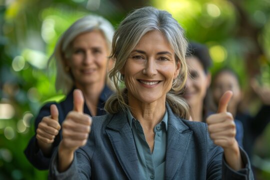 Women smiling, giving thumbs-up, with others in background