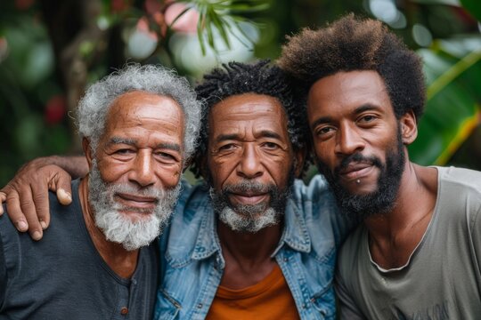 Three males posing near a tree