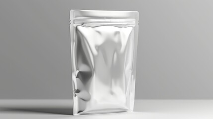  A close-up of a bag of food on a white table against a gray wall in the foreground, and a gray wall in the background