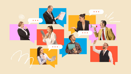 Poster. Contemporary art collage. Workers, each using different devices in colorful speech bubbles,...