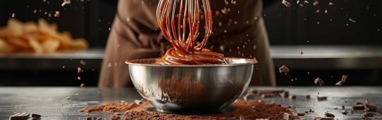 Fototapeta premium A person pours melted chocolate into a metal bowl