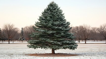  A lone pine tree in a snow-covered field Trees dot the background Middle of the day, light blue sky above