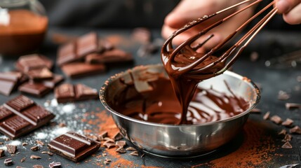 A person pours melted chocolate into a metal bowl
