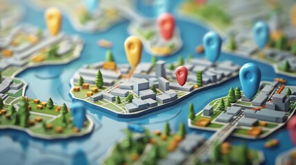 Obraz premium Futuristic 3D Rendered Map with SEO Data and Local Business Pointers for Marketing Strategies and Navigation Solutions