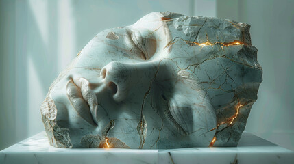 Sculpted face of a human head with visible cracks filled with gold, showcasing kintsugi art on a marble base.