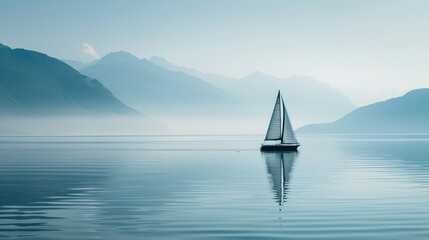 Sailboat on serene lake with mountains backdrop